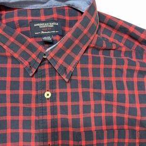 American Eagle‎ Plaid Shirt XL Red Navy Button Up Prep Fit Cotton Mens